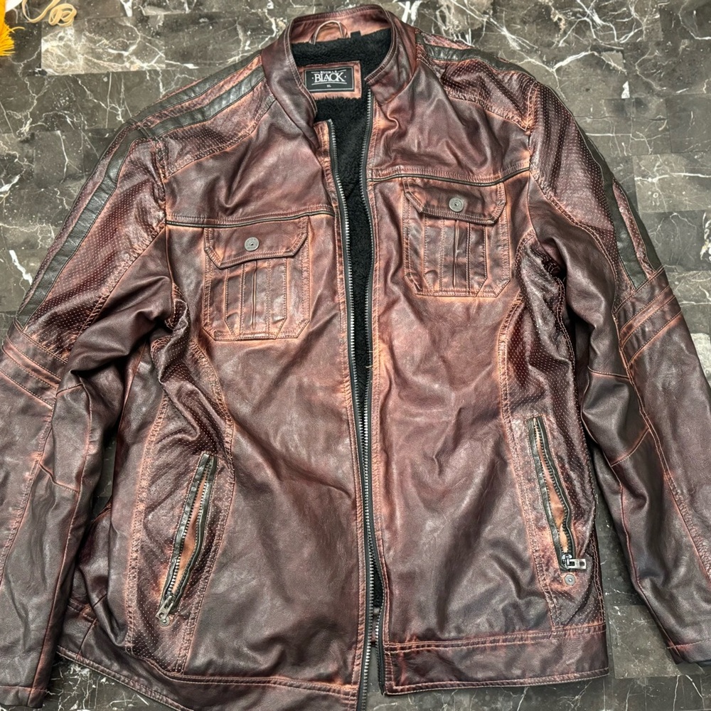 Buckle Black Distressed Faux Leather Jacket brown/Black Men’s Coat.